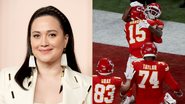 Lily Gladstone (Foto: JC Olivera/Getty Images) | Jogadores do Kansas City Chiefs (Foto: Rob Carr/Getty Images)