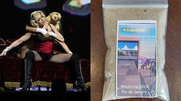 Show de Madonna no Rio de Janeiro (Foto: Kevin Mazur/WireImage for Live Nation) e areia da Praia de Copacabana à venda (Foto: Reprodução/eBay)