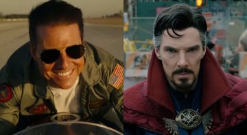 None - Tom Cruise em Top Gun: Maverick (Foto: Reprodução) e Benedict Cumberbatch como Doutor Estranho (Foto: Divulgação / Marvel)