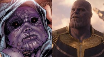 None - Thanos ainda bebê (Foto: Reprodução/Marvel) e em Vingadores: Guerra Infinita (Foto: Reprodução/Marvel)