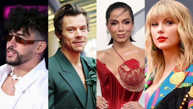 Bad Bunyy (Foto: Getty Images), Harry Styles (Foto: Getty Images), Anitta (Foto: Dia Dipasupil / Equipe) e Taylor Swift (Foto: Jamie McCarthy)