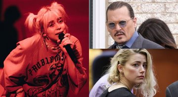 Billie Eilish em show no Texas (Foto: Rich Fury/Getty Images), Johnny Depp (Foto: Kevin Dietsch/Getty Images) e Amber Heard (Foto: Reprodução/Variety)