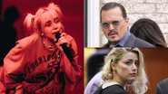 Billie Eilish em show no Texas (Foto: Rich Fury/Getty Images), Johnny Depp (Foto: Kevin Dietsch/Getty Images) e Amber Heard (Foto: Reprodução/Variety)