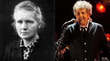 None - Montagem de Marie Curie (Wikimedia Commons/Henri Manuel ) e Bob Dylan (Chris Pizzello/AP)