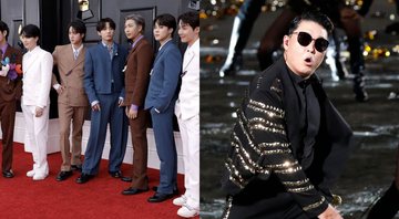 None - BTS no Grammy 2022 (Foto: Reprodução /Twitter) | Psy (Foto; Jeon Heon-Kyun-Pool / Getty Images)