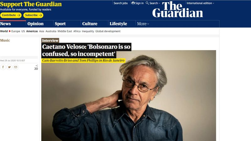 Caetano Veloso na entrevista com o The Guardian (foto: reprodução)