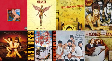 None - Em cima (esq. para dir.): Kanye West, Nirvana, Rolling Stones, David Bowie. Embaixo: Van Halen, Guns N' Roses, Beatles, Mamas and the Papas (Fotos: Reprodução)