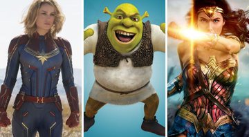 None - Capitã Marvel, Shrek e Mulher-Maravilha (Foto 1: Divulgação Disney; Foto 2: Divulgação Dreamworks e Foto 3: Divulgação Warner)
