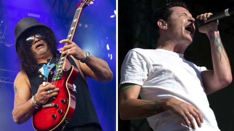 Slash em ação no Lollapalooza Chicago 2019 (Foto: Amy Harris / Invision / AP) e Chester Bennington, ex-vocalista do Linkin Park (Foto: AP)