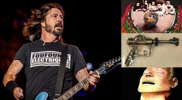 Dave Grohl do Foo Fighters (Foto: Renan Olivetti/ I Hate Flash) e capas dos álbuns Usuário, do Planet Hemp (Foto: Divulgação), Foo Fighters (Foto: Divulgação) e The Bends, do Radiohead
