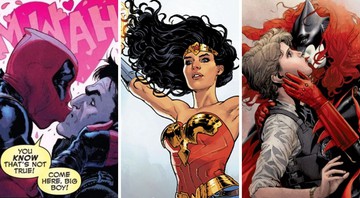 None - Deadpool beijando O Justiceiro, Mulher Maravilha e Batwoman beijando noiva (Foto 1: Reprodução / Marvel e Fotos 2 e 3: Reprodução / DC Comics)