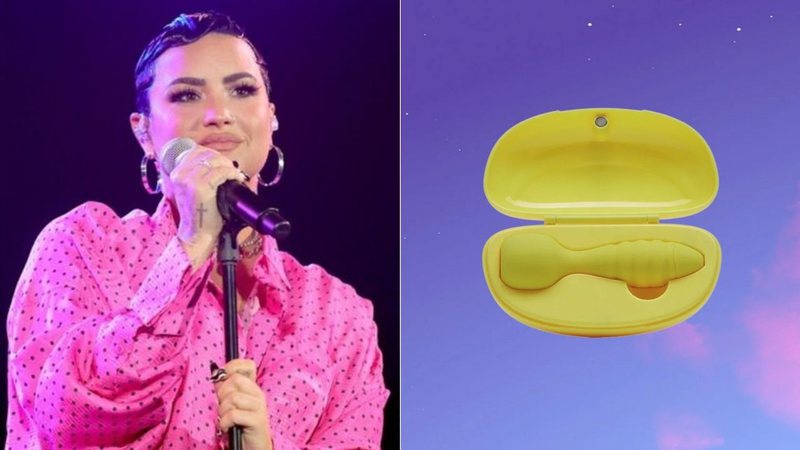 Montagem de Demi Lovato (Rich Fury/Getty Images) e do vibrador "Demi Wand" (Reprodução/site Bellesa)