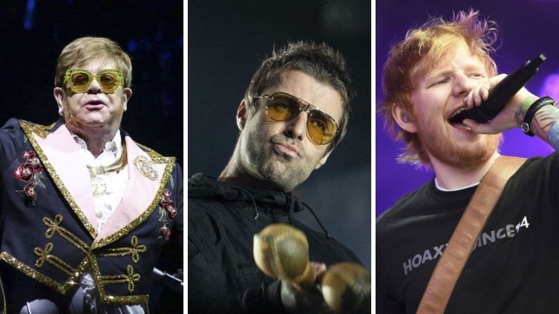 Elton John (Foto: Greg Allen/Invision/AP), Liam Gallagher (Foto: Ennio Leanza/Keystone/AP) e Ed Sheeran (Foto: Reprodução/ AP Photos)