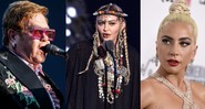 Elton John, Madonna e Lady Gaga (Foto 1: Valentin Flauraud/AP; Foto 2: Chris Pizzello/AP e Foto 3: Jordan Strauss/Invision/AP)