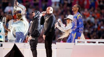Eminem, Dr. Dre e Snoop Dogg no Super Bowl (Foto: Steph Chambers / Equipe)