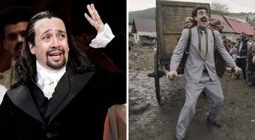 Lin-Manuel Miranda na estreia de Hamilton, em janeiro de 2019 (Foto: AP Photo/Carlos Giusti) e Sacha Baron Cohen em Borat 2 (Foto: Reprodução/Amazon Prime)
