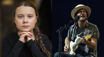 Montagem de Greta Thunberg e Eddie Vedder, do Pearl Jam (Foto 1: Reprodução/Instagram | Foto 2: Amy Harris / Invision / AP)