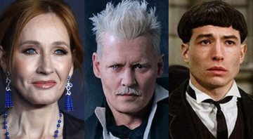 None - J.K. Rowling (Foto: John Phillips / Getty Images); Johnny Depp em Animais Fantásticos (Foto: Reprodução); Ezra Miller em Animais Fantásticos e Onde Habitam (Foto: Reprodução)