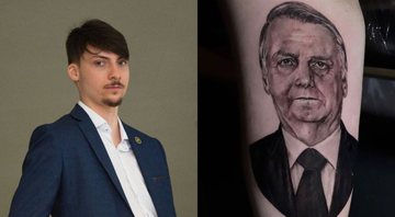 Montagem de Renan Bolsonaro, filho do presidente Jair Bolsonaro (Foto: Andressa Anholete/Getty Images) e a tatuagem do presidente (Foto: Reprodução/Instagram)