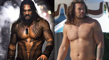 None - Jason Mamoa em Aquaman à esquerda e o mesmo em foto recente divulgada no Twitter (Foto 1: Divulgação | Foto 2: Divulgação)