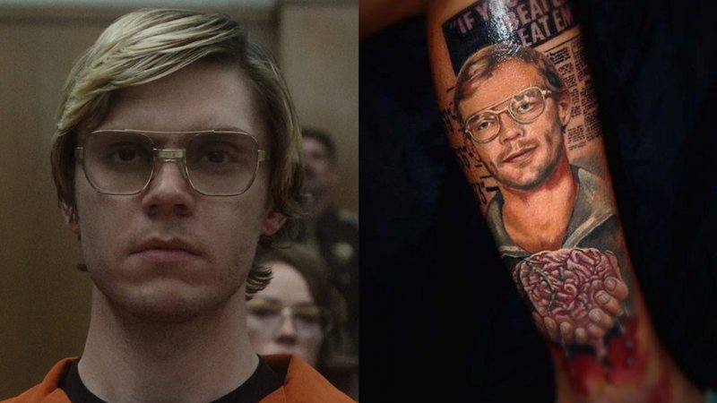 Evan Peters em 'Dahmer: O Canibal Americano' (Foto: Reprodução/ Netflix) e tatuagem de Jeffrey Dahmer (Foto: Reprodução/Instagram)