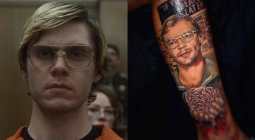 Evan Peters em 'Dahmer: O Canibal Americano' (Foto: Reprodução/ Netflix) e tatuagem de Jeffrey Dahmer (Foto: Reprodução/Instagram)