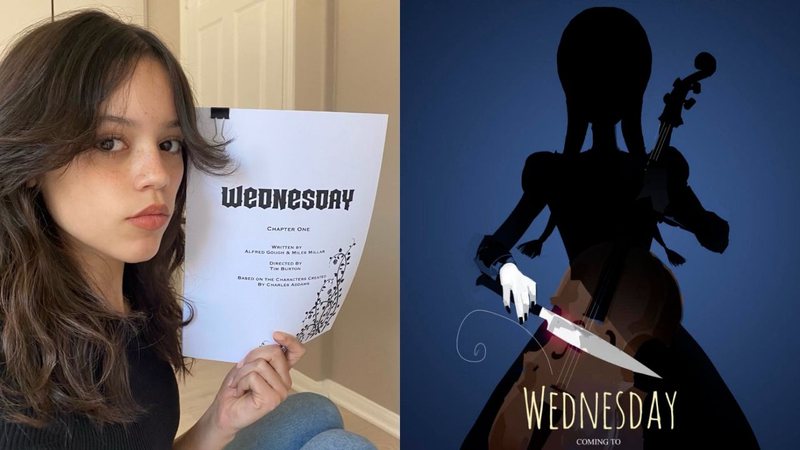 Jenna Ortega com roteiro de Wednesday, série da Netflix sobre Wandinha Addams (Foto: Reprodução / Divulgação Twitter) Pôster de Wednesday (Foto: Divulgação / Netflix)