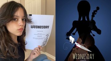 None - Jenna Ortega com roteiro de Wednesday, série da Netflix sobre Wandinha Addams (Foto: Reprodução / Divulgação Twitter) Pôster de Wednesday (Foto: Divulgação / Netflix)