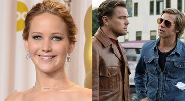 Jennifer Lawrence (Foto: Jason Merritt/Getty Images) e Leonardo DiCaprio e Brad Pitt em Era Uma Vez Em... Hollywood (Foto: Reprodução)