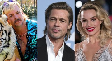 None - Montagem de Joe Exotic, Brad Pitt e Margot Robbie (Foto 1: Divulgação/Netflix. Foto 2: Jordan Strauss / Invision / AP. Foto 3: Vianney Le Caer/Invision/AP)