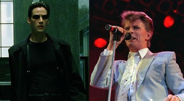 None - Keanu Reeves como Neo em Matrix e David Bowie (Foto 1: Reprodução e Foto 2: AP)