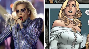 None - Lady Gaga se apresenta no Superbowl Halftime Show 2017 (Foto: Ronald Martinez/Getty Images) e Emma Frost nos quadrinhos (Foto: Reprodução/Marvel)