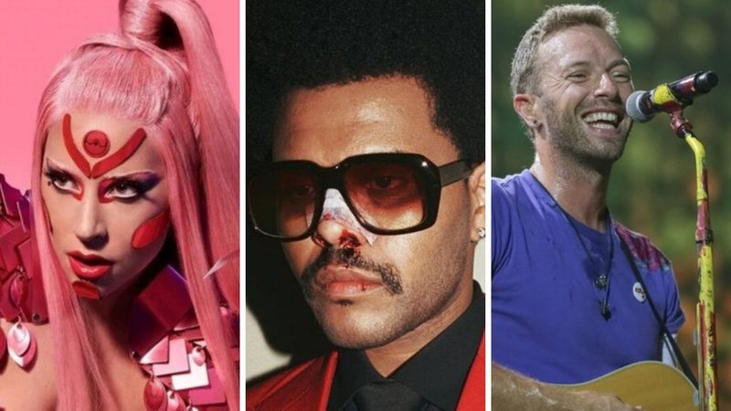 Lady Gaga (Foto: Divulgação / Universal), The Weeknd (Foto: Reprodução/Instagram) e Chris Martin, vocalista do Coldplay (Foto: Brent N. Clarke/Invision/AP)