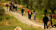 Jornalistas correm dos soldados após serem atacados a queima-roupa com granadas de gás lacrimogêneo, Bil'in