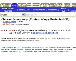 Página da amazon.co.uk que está pré-vendendo o CD novo dos Guns 'n Roses