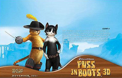 Puss in Boots chega aos cinemas em novembro de 2011; imagem da home do site oficial criado apresenta dois dos personagens do filme