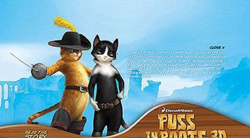 <i>Puss in Boots</i> chega aos cinemas em novembro de 2011; imagem da home do site oficial criado apresenta dois dos personagens do filme - Reprodução