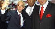 Eminem (esq), 50 Cent (centro) e Dr. Dre, que colaboraram em "Syllables" junto a Jay-Z e outros - AP