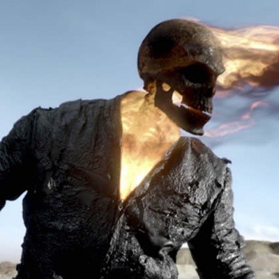 O Motoqueiro Fantasma incorporado na versão clássica da caveira em chamas em Motoqueiro Fantasma 2: O Espírito da Vingança