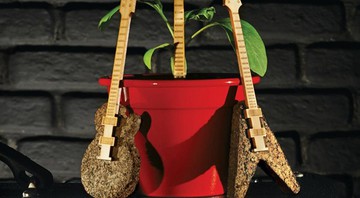 cada potencial doador recebe uma embalagem com uma mini guitarra plantável, feita de material orgânico e sementes de verdade que levam nome de bandas de rock e que vão virar pequenas árvores. - Divulgação