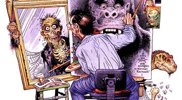 Autorretrato
William Stout por ele mesmo, cercado de suas criaturas favoritas: dinossauros, zumbis e os ilustres King Kong, Drácula e Frankenstein, satirizando uma ilustração de Norman Rockwell - 