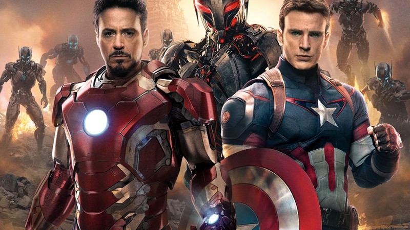 Homem de Ferro (Robert Downey Jr.) e Capitão América (Chris Evans) no pôster do filme Os Vingadores 2: A Era de Ultron