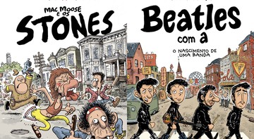 Capas das HQs <i>Beatles com A – O Nascimento de Uma banda</i> e <i>Mac Moose e os Stones</i> - Divulgação