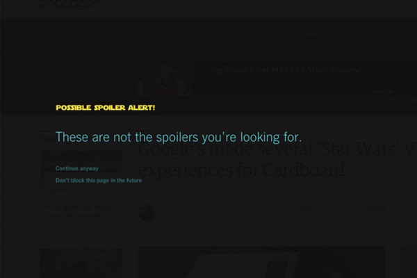 Página do serviço anti-spoiler do Chrome para Star Wars: Episódio VII – O Despertar da Força