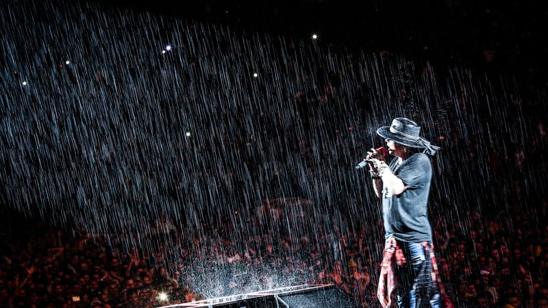 Axl Rose cantando sob a chuva na capital paulista