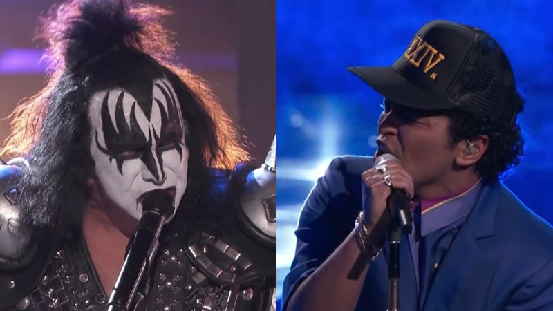 Gene Simmons, do Kiss, e Bruno Mars, ambos em performances no episódio final da 11ª temporada da versão norte-americana do programa The Voice