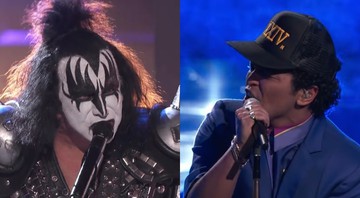Gene Simmons, do Kiss, e Bruno Mars, ambos em performances no episódio final da 11ª temporada da versão norte-americana do programa <i>The Voice</i> - Reprodução/Vídeo