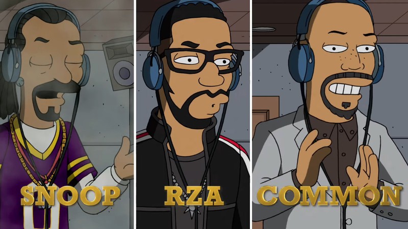 Snoop Dogg, RZA, Common em cena do trailer do episódio de Os Simpsons temático de hip-hop