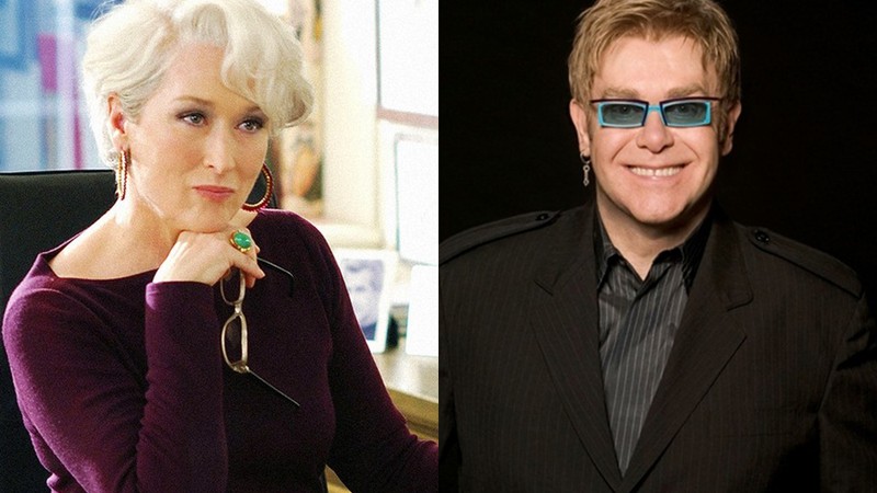 Meryl Streep em O Diabo Veste Prada e Elton John