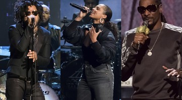 Lenny Kravitz, Alicia Keys e Snoop Dogg na cerimônia do Hall da Fama do Rock 2017 - Charles Sykes/Invision/AP